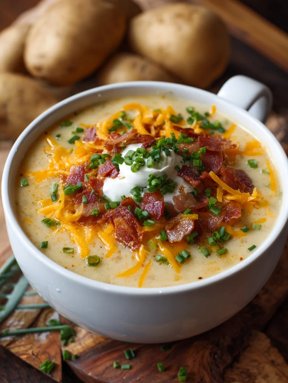 Dump-and-Go One-Pot Loaded Potato Soup A rustic bowl of creamy Dump-and-Go One-Pot Loaded Potato Soup, garnished generously with bacon, cheddar, and chives.