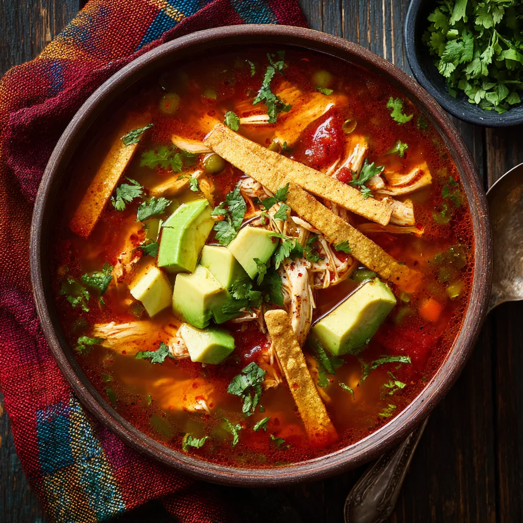 Dump‑and‑Go Chicken Tortilla Soup f Chicken tortilla soup topped with avocado slices, cilantro, and tortilla strips in a bowl.