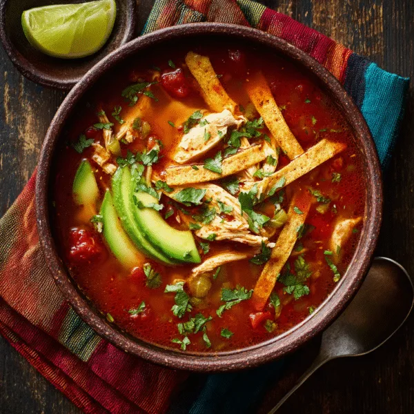 Chicken tortilla soup topped with avocado slices, cilantro, and tortilla strips in a bowl.