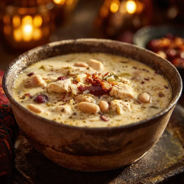 Creamy white chicken chili with beans and corn served in a bowl