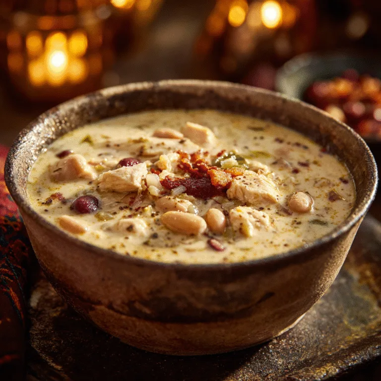 Creamy white chicken chili with beans and corn served in a bowl