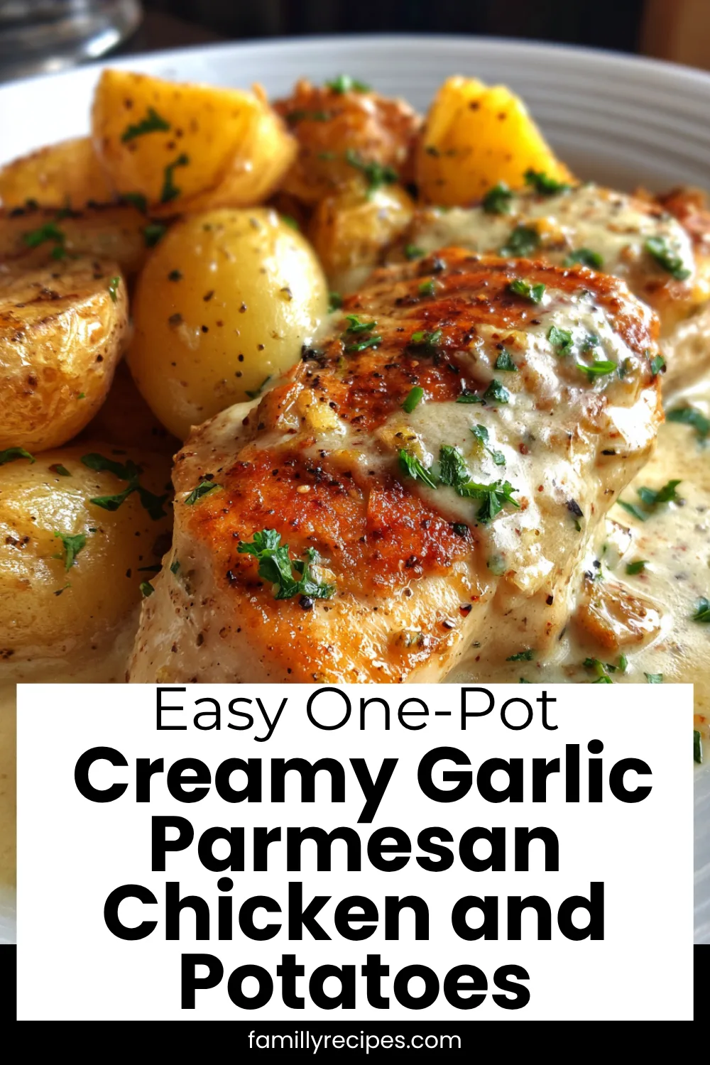 Creamy garlic parmesan chicken and potatoes, one-pan weeknight comfort food, macro food photo