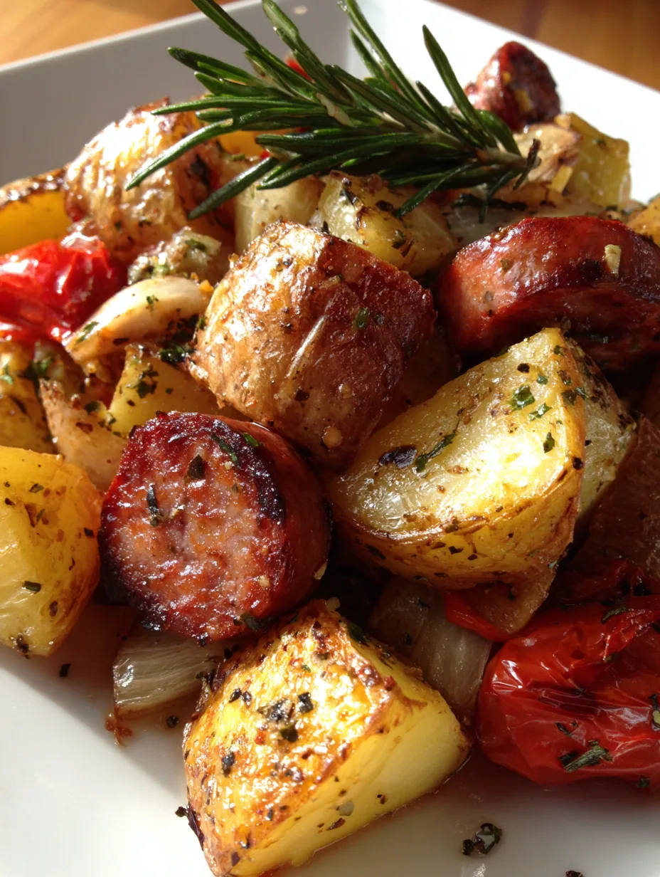 An overhead shot of the Easy One-Pot Roasted Potato and Sausage Bake on a sheet pan, showing the golden-brown potatoes and sausage.
