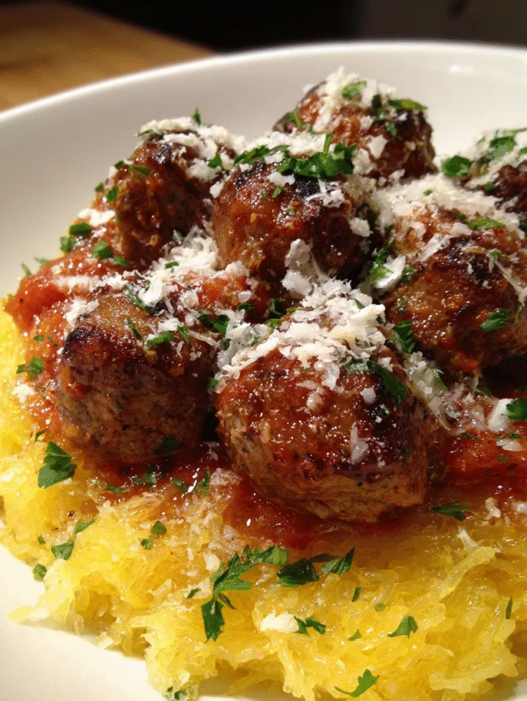 Roasted spaghetti squash “noodles” with gluten-free meatballs, marinara, and herbs, easy dinner, macro photo
