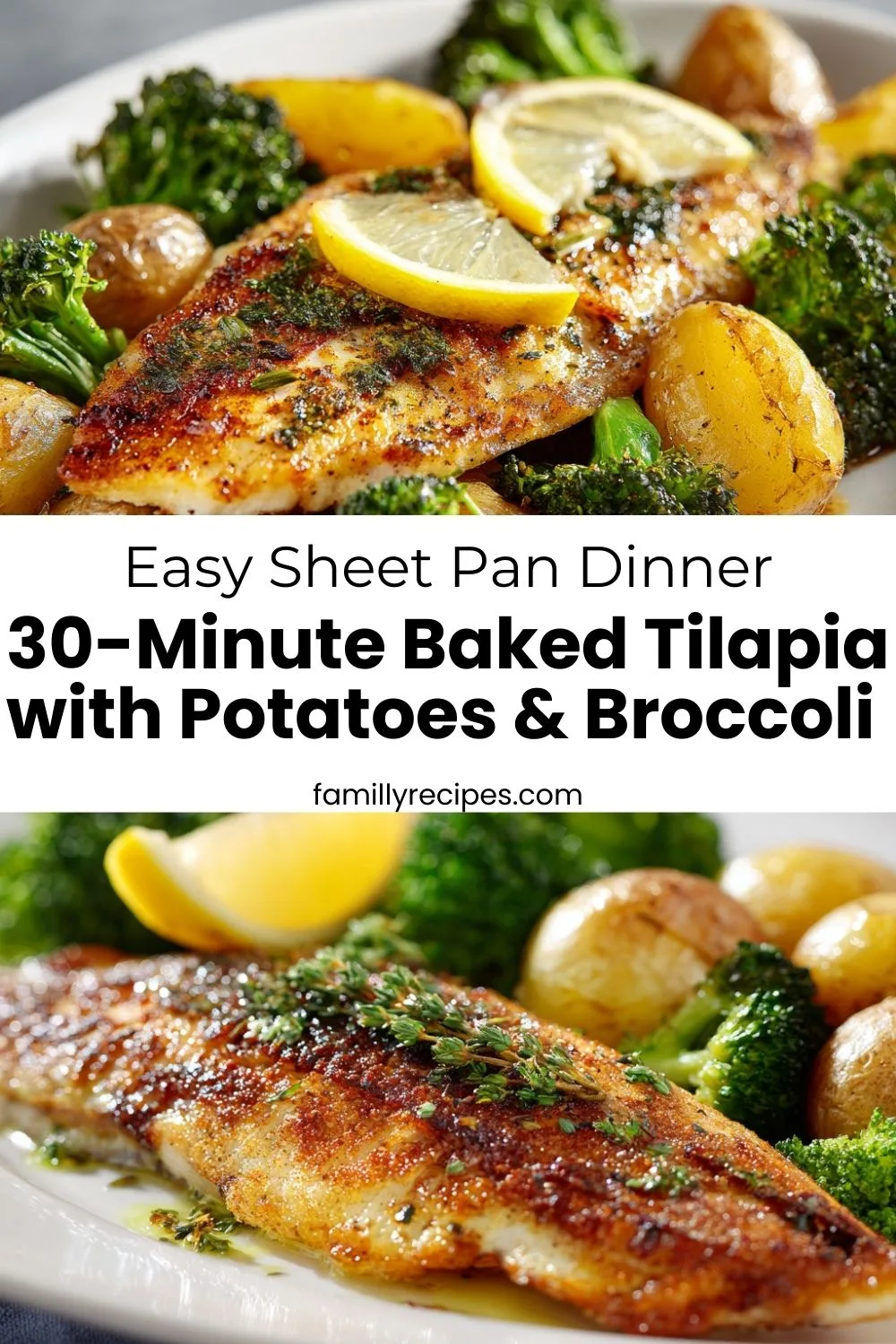 Baked tilapia fillet with golden roasted potatoes and broccoli on sheet pan, healthy one-pan dinner