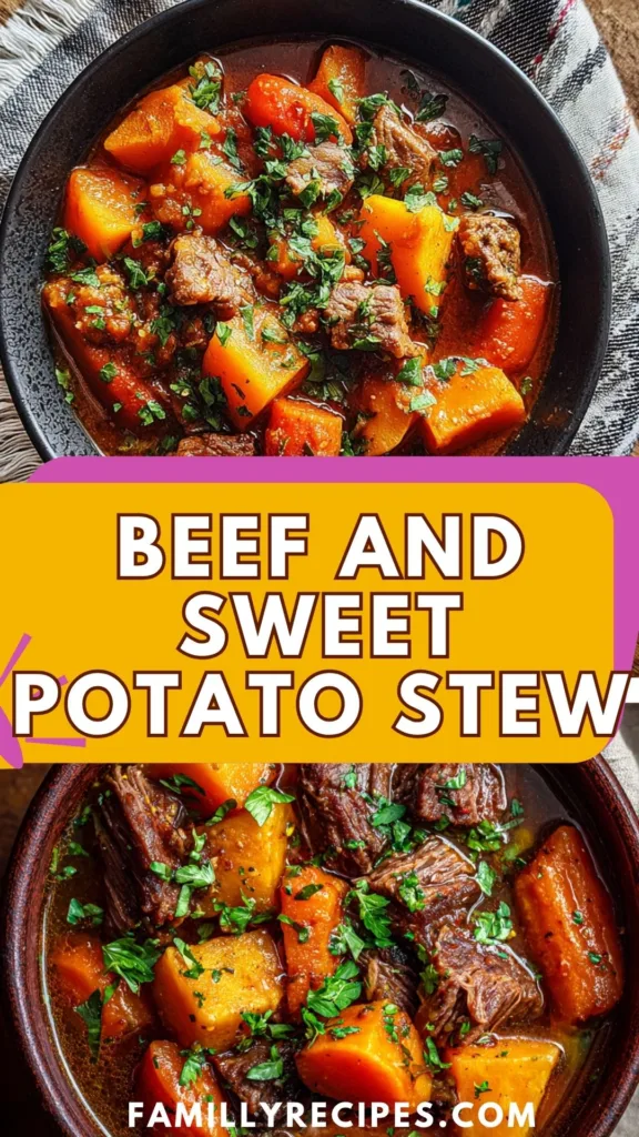 Beef and sweet potato stew served in a bowl with carrots and fresh herbs.