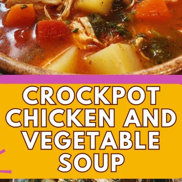 Crockpot chicken and vegetable soup in a bowl with carrots, celery, and potatoes.