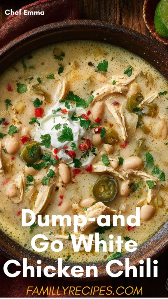 Creamy white chicken chili with beans and corn served in a bowl