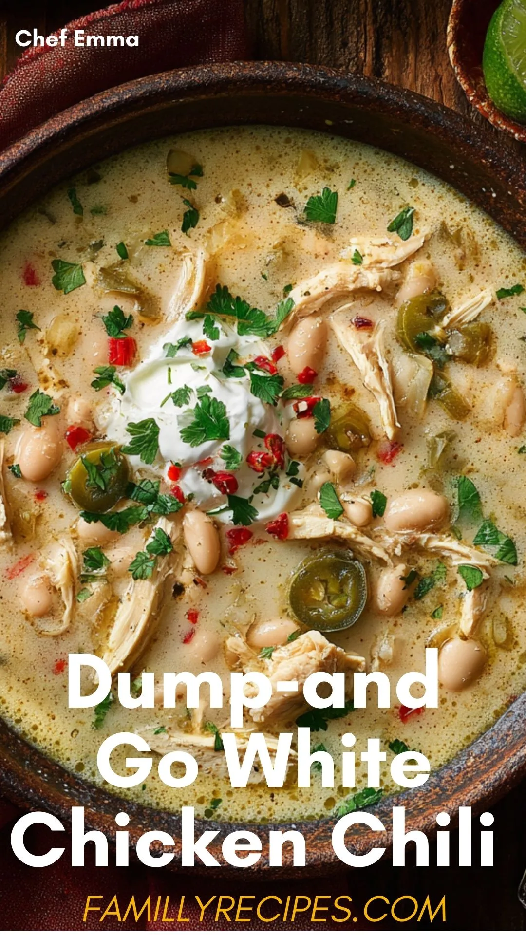 Creamy white chicken chili with beans and corn served in a bowl