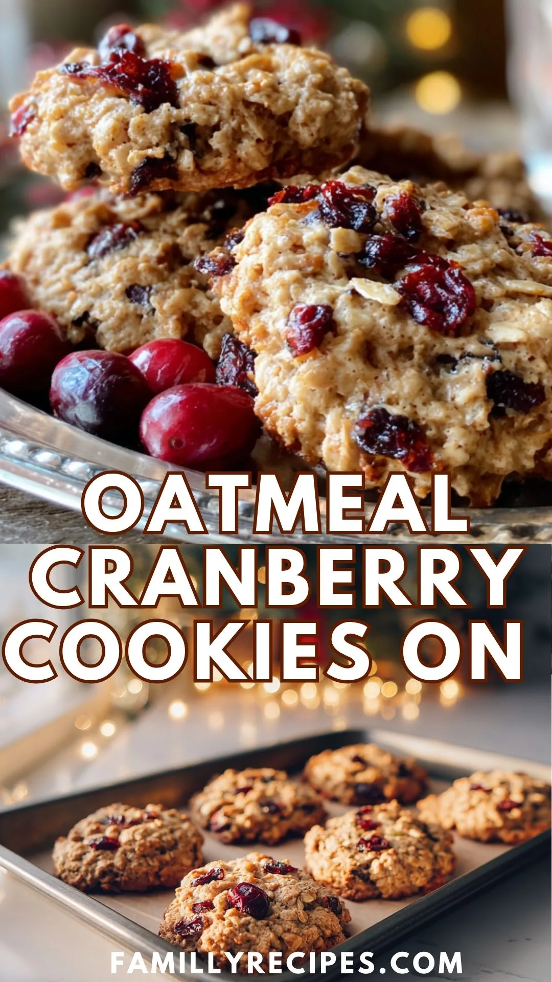 Familly Recipes Oatmeal cranberry cookies on parchment paper with red cranberries around. Oatmeal Cranberry Protein Cookies – Guilt-Free Holiday Treats