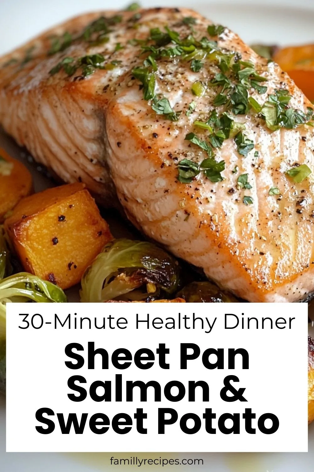 Baked salmon fillet with roasted sweet potatoes and Brussels sprouts on sheet pan, healthy dinner