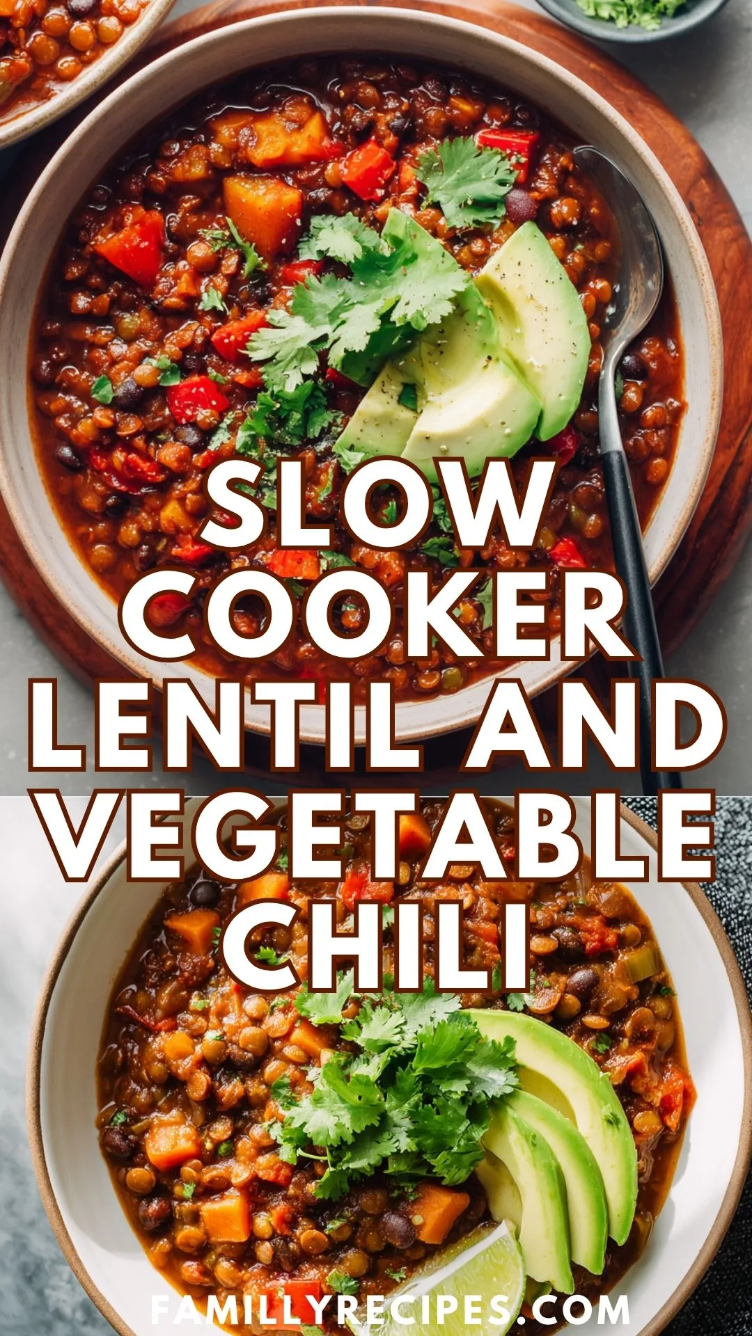 Slow cooker lentil and vegetable chili with beans and vegetables in a bowl