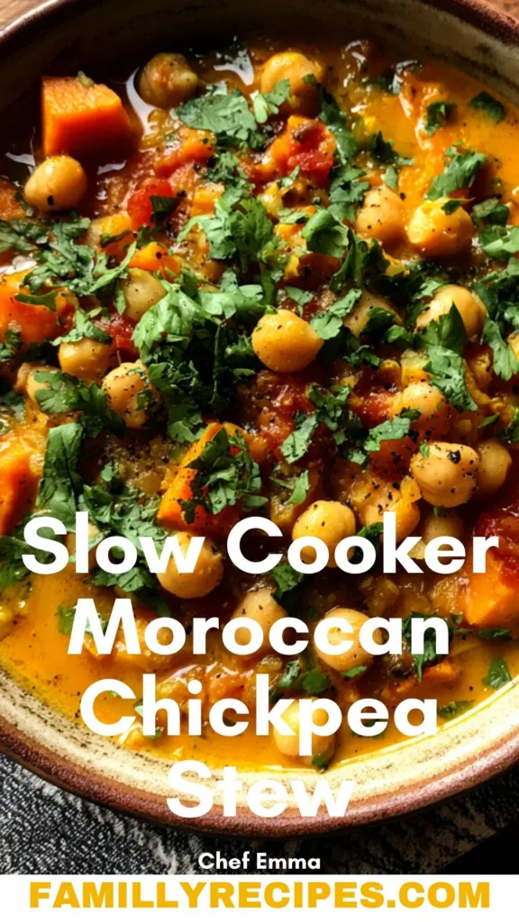 Moroccan chickpea stew with sweet potatoes and herbs served in a bowl.