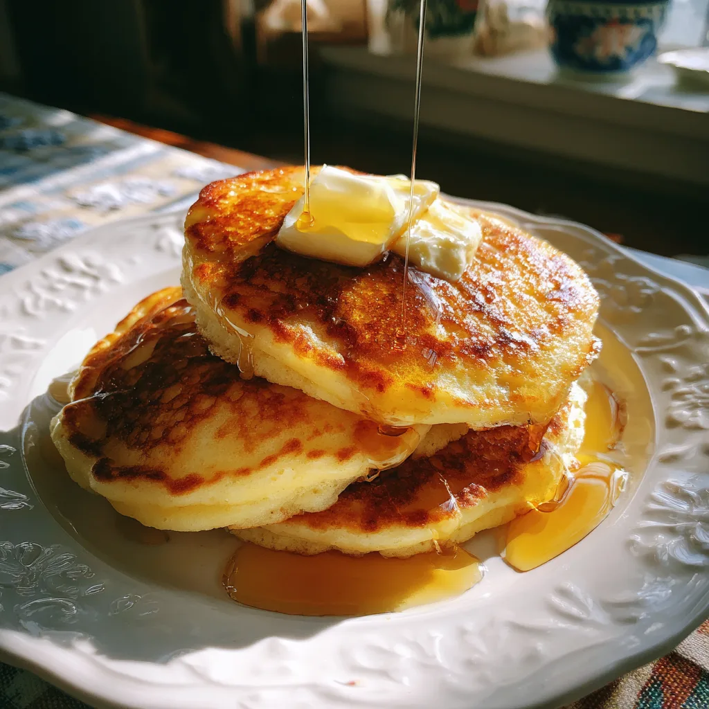 Fluffy pancakes with butter melting on top and syrup drizzling down on a family breakfast table.