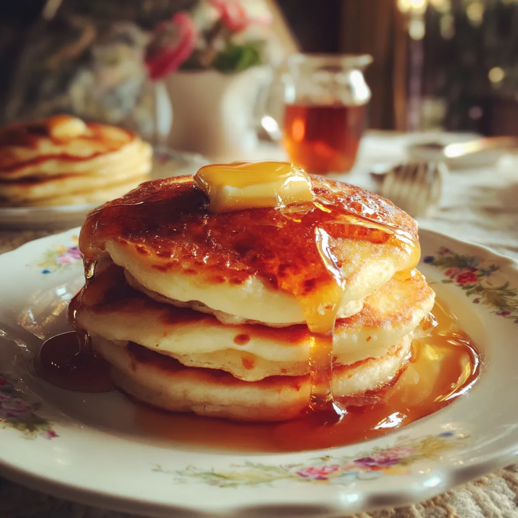 Fluffy pancakes with butter melting on top and syrup drizzling down on a family breakfast table.
