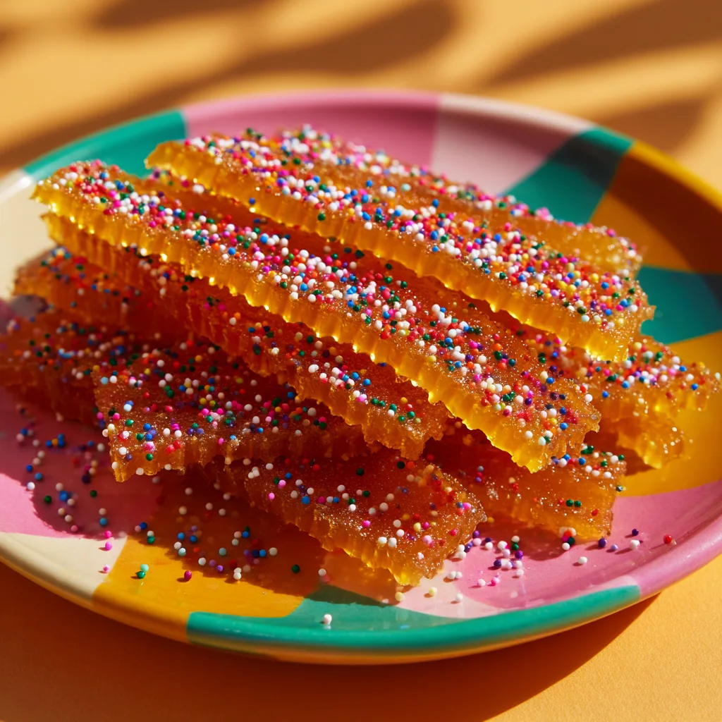 Frozen honey candy squeezed onto a dish with sprinkles for a playful snack