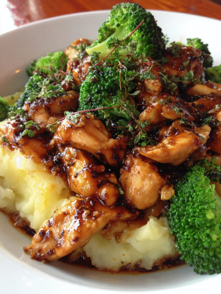 GF teriyaki chicken with broccoli served over slow-cooked potatoes, gluten-free family dinner, macro food photo