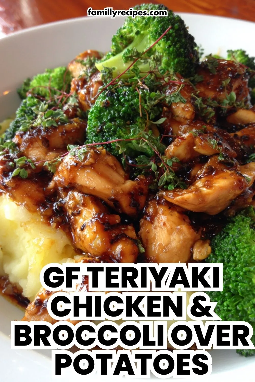 GF teriyaki chicken with broccoli served over slow-cooked potatoes, gluten-free family dinner, macro food photo