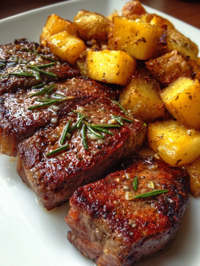 steak potato skillet, garlic butter steak bites, one-pan roasted potatoes dinner , quick one-pan dinner, macro food photo