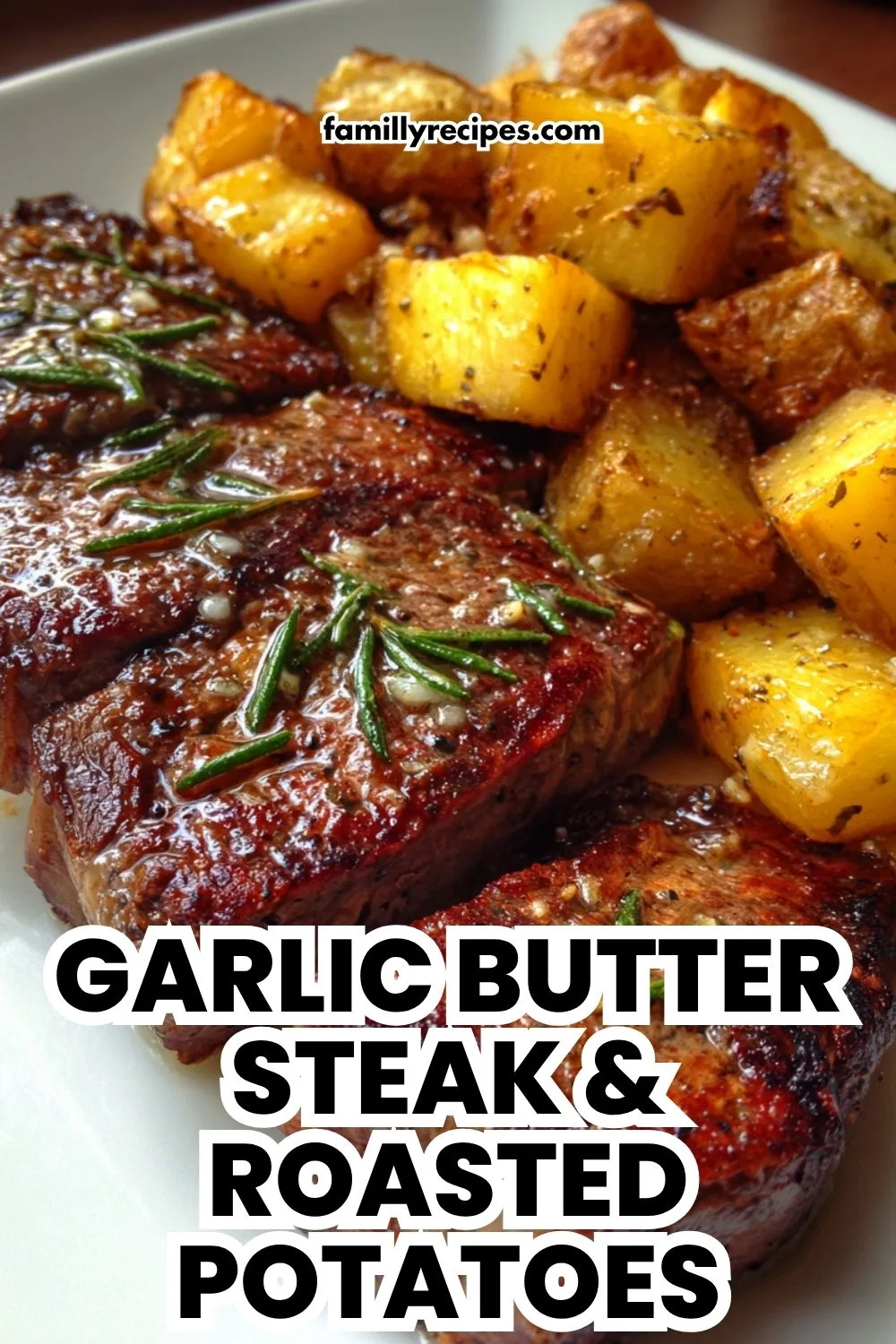 Garlic butter steak and roasted potatoes, quick one-pan dinner, macro food photo