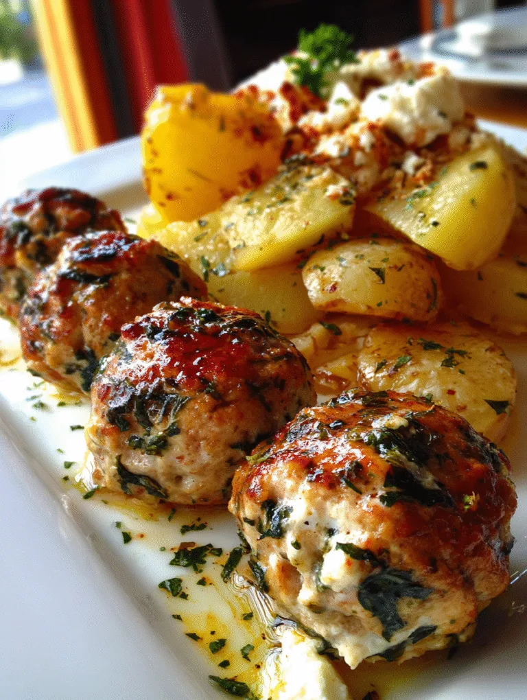 Greek chicken meatballs baked with golden potatoes and lemon—Mediterranean one-pan dinner, macro photo