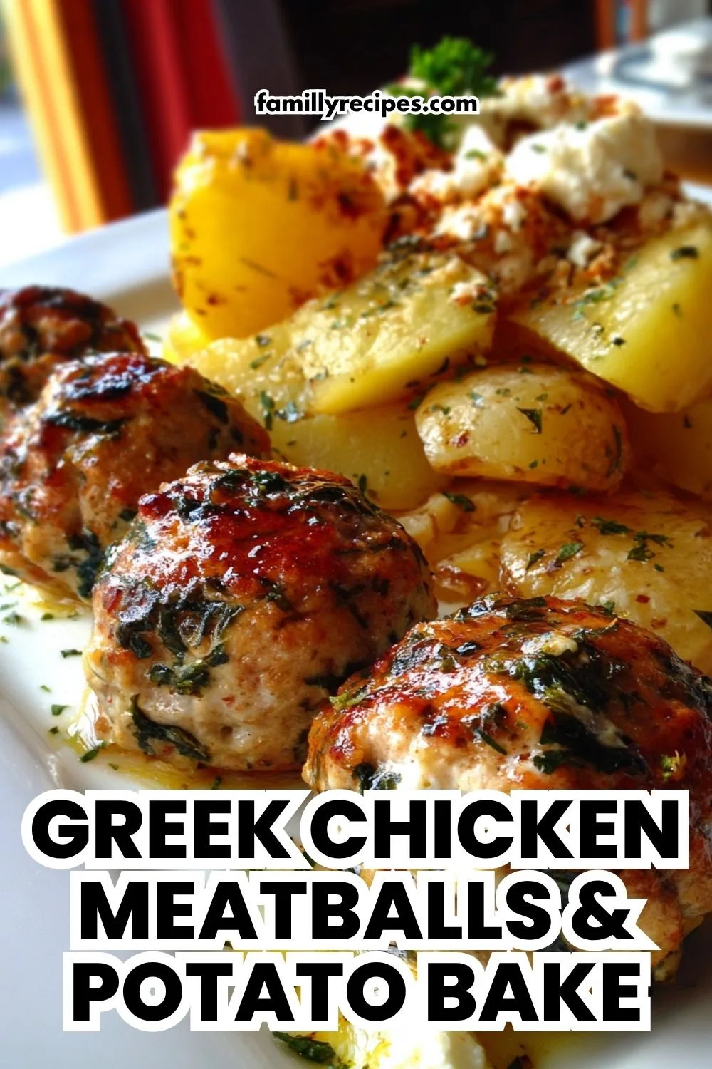 Greek chicken meatballs baked with golden potatoes and lemon—Mediterranean one-pan dinner, macro photo
