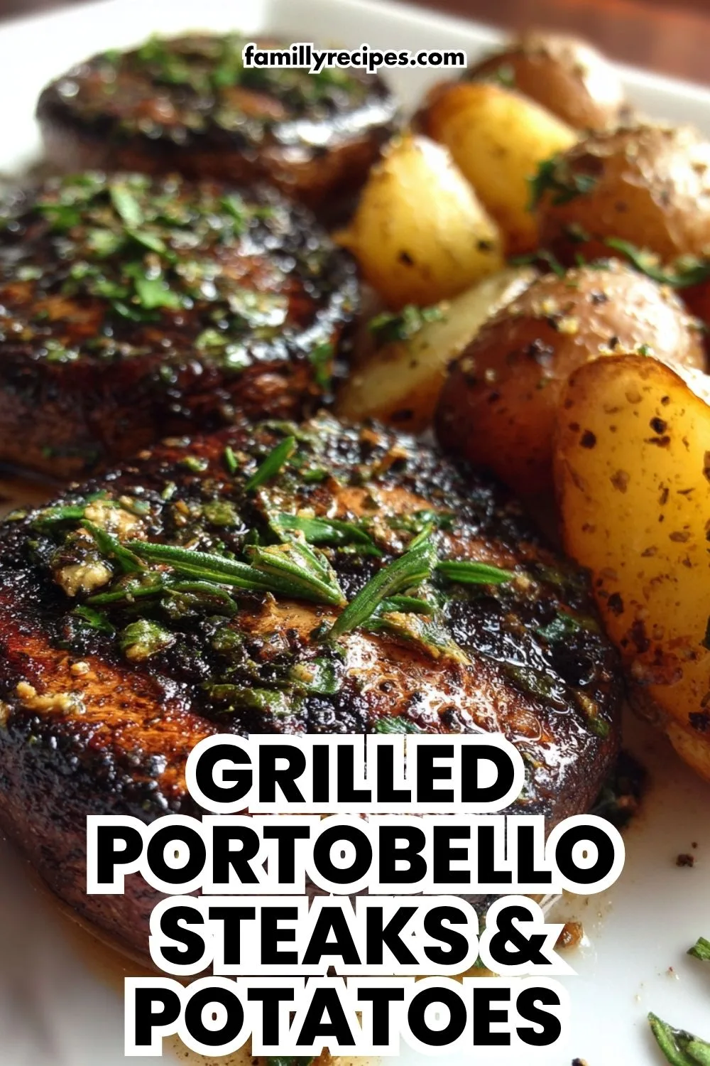 Grilled portobello mushroom steaks marinated in balsamic, with golden roasted potatoes, vegan comfort dinner, macro photo