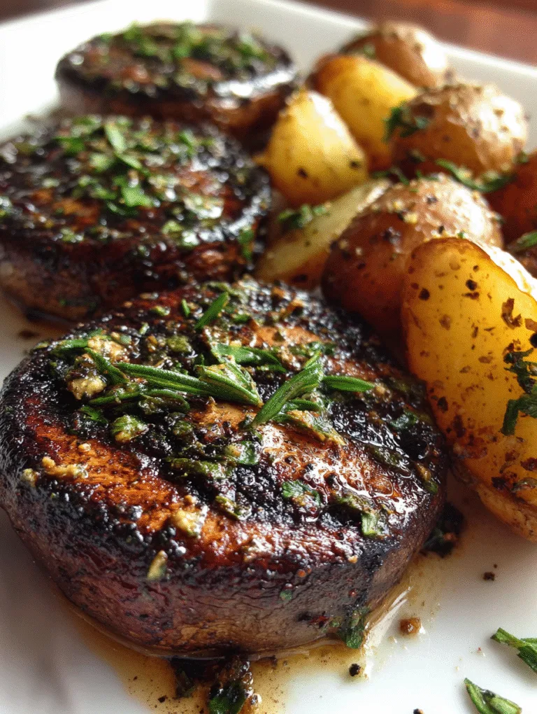 Grilled portobello mushroom steaks marinated in balsamic, with golden roasted potatoes, vegan comfort dinner, macro photo