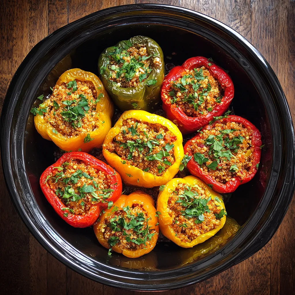 Healthy Crockpot Mediterranean Stuffed Peppers ff Healthy Crockpot Mediterranean Stuffed Peppers: Crockpot stuffed peppers filled with quinoa, turkey, and feta.