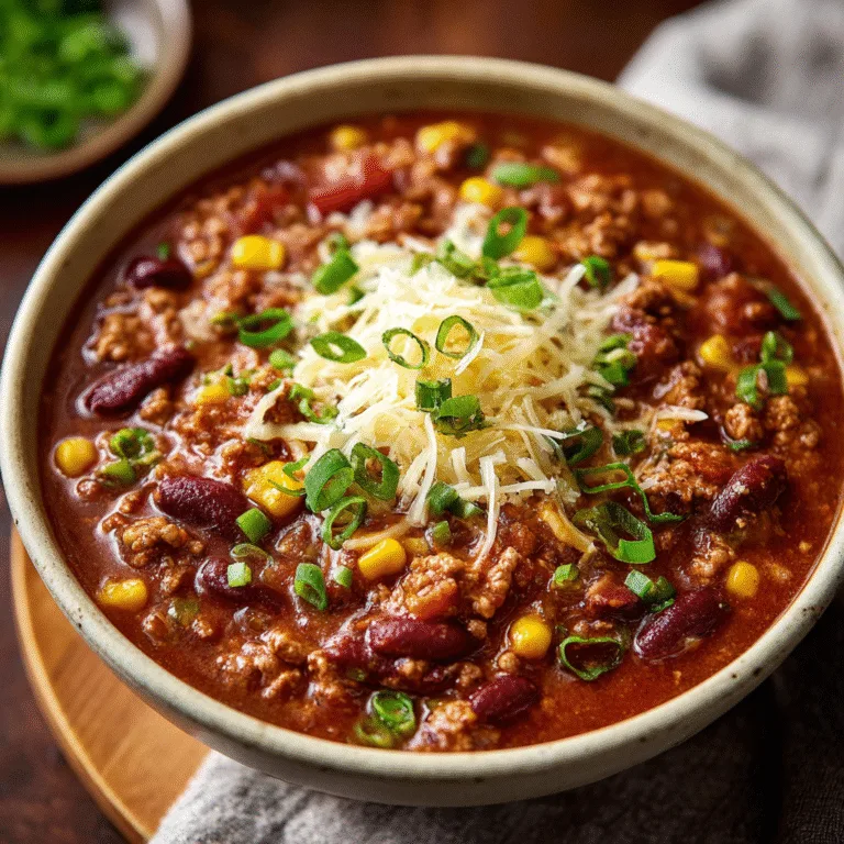 Turkey chili with beans and corn served in a bowl with toppings.