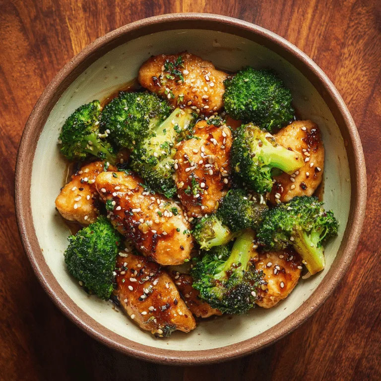 Crockpot honey garlic chicken with broccoli and sesame seeds in a bowl.