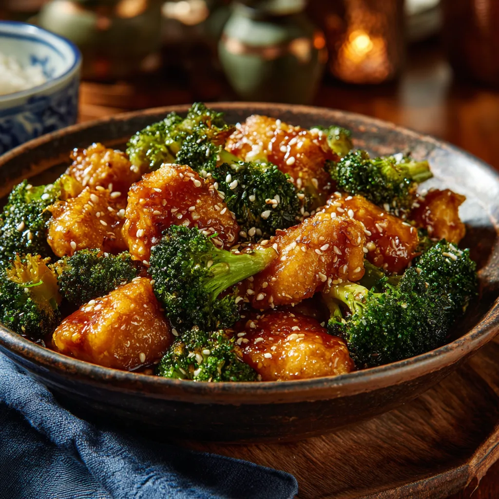 Healthy Honey Garlic Chicken with Broccoli ff Crockpot honey garlic chicken with broccoli and sesame seeds in a bowl.