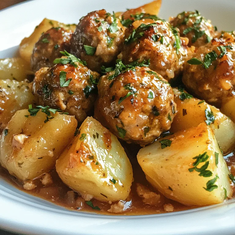Greek turkey meatballs with roasted potatoes, tomatoes, and herbs in casserole dish, high-protein dinner