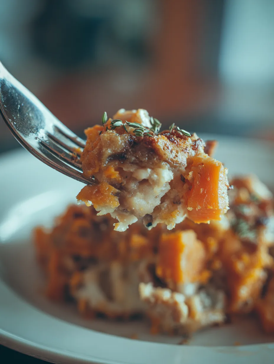 High-Protein Sweet Potato and Turkey Casserole with Vegetables f A serving of High-Protein Sweet Potato Turkey Casserole on a white plate.