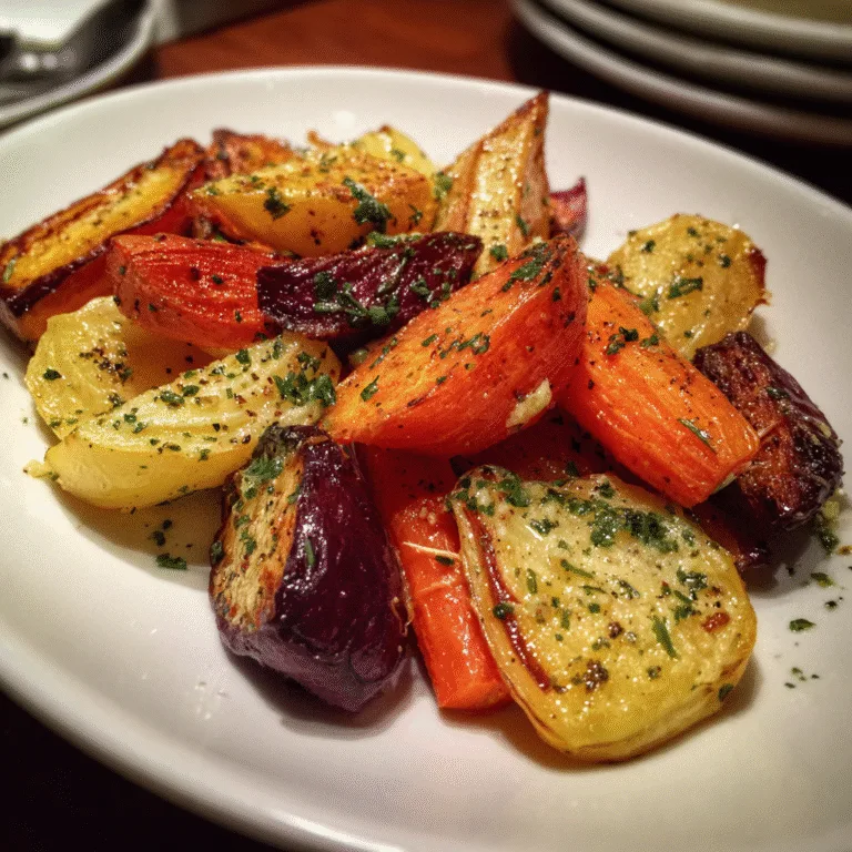 Roasted carrots parsnips and sweet potatoes with herb butter on a platter