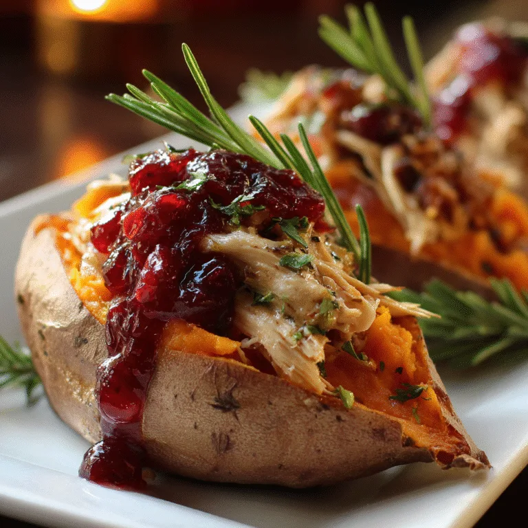 Roasted sweet potato stuffed with turkey cranberry sauce and pecans