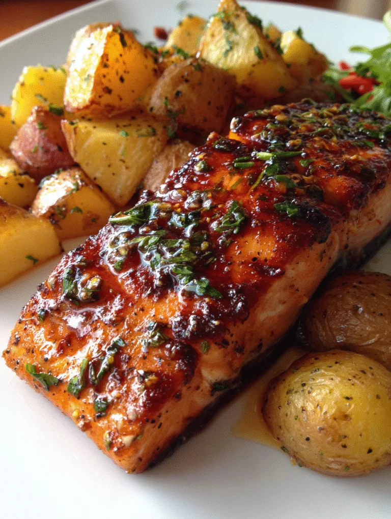 Honey garlic salmon with golden roasted potatoes, quick one-pot seafood dinner, macro food photo