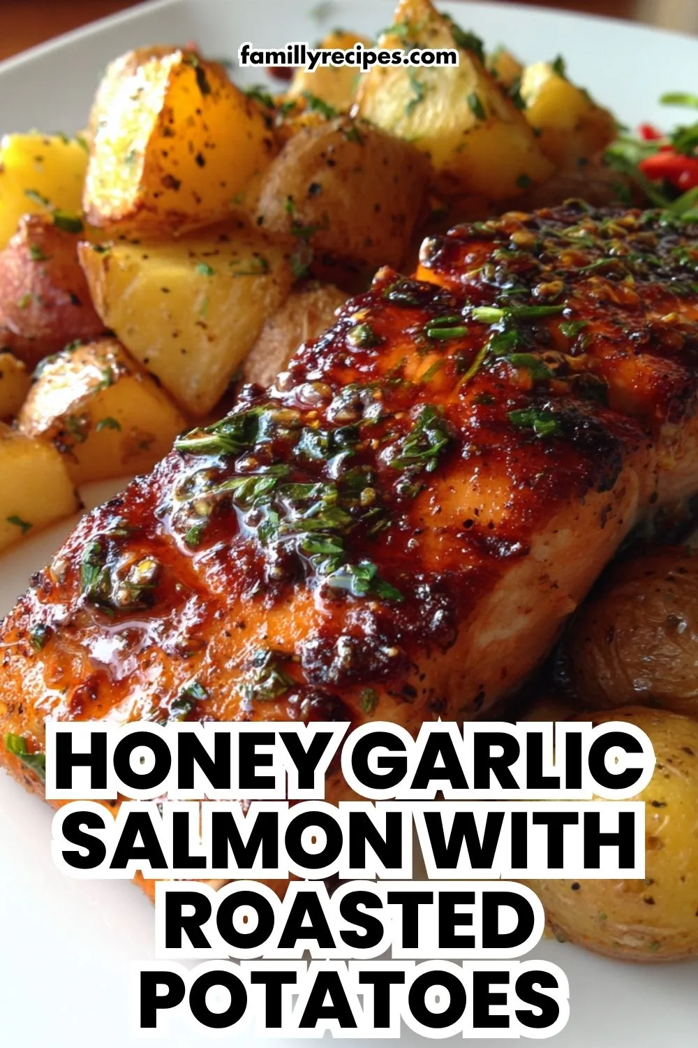 Honey garlic salmon with golden roasted potatoes, quick one-pot seafood dinner, macro food photo