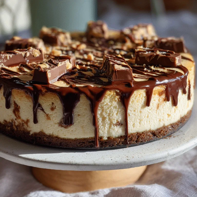 No‑bake KitKat cheesecake with creamy filling and KitKat crust on a dessert table.