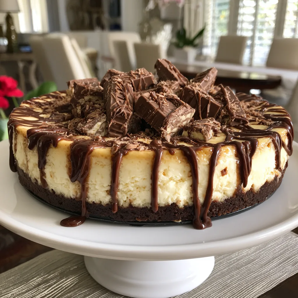 No‑bake KitKat cheesecake with creamy filling and KitKat crust on a dessert table.