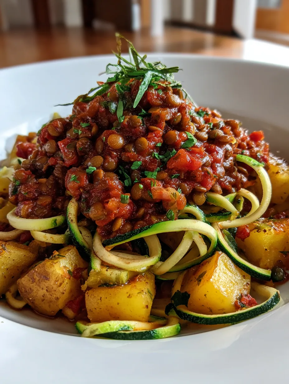 Lentil Bolognese with Zoodles and Potatoes – Vegan One-Pot Comfort