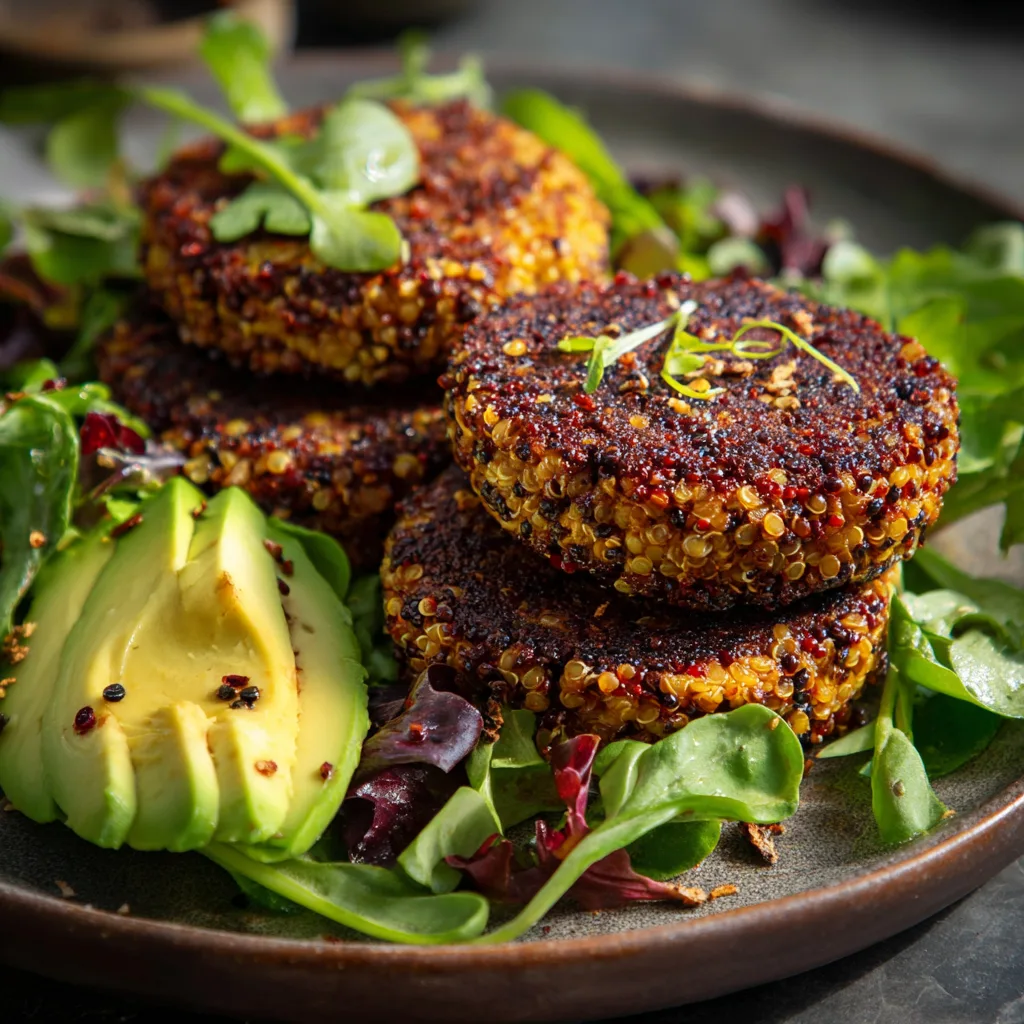 Lentil and quinoa burger patties stacked on a plate with greens and avocado slices.