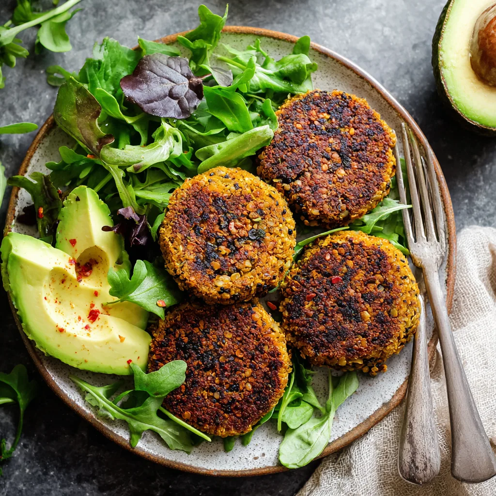Lentil and quinoa burger patties stacked on a plate with greens and avocado slices.