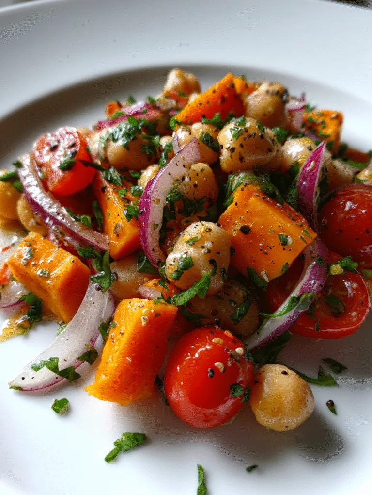 Mediterranean chickpea salad with roasted sweet potatoes, fresh parsley, and crumbled feta, macro food photo
