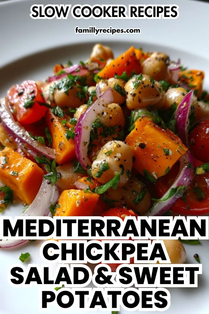 Mediterranean chickpea salad with roasted sweet potatoes, fresh parsley, and crumbled feta, macro food photo