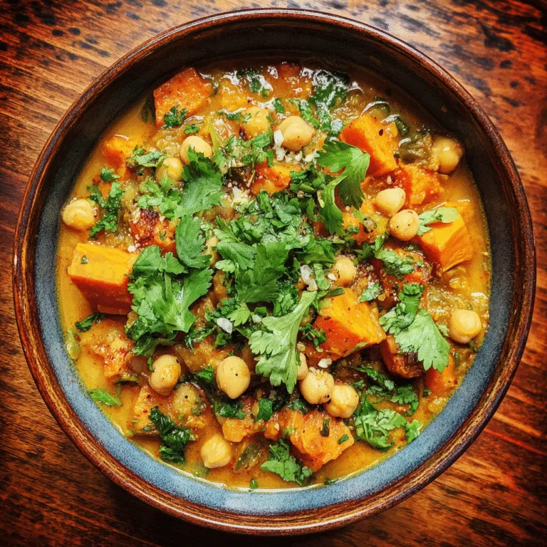 Moroccan chickpea stew with sweet potatoes and herbs served in a bowl.