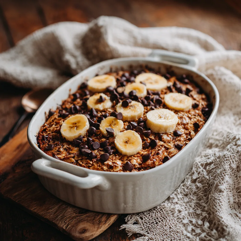 Warm oatmeal bake with chocolate chips and banana served in a casserole dish.
