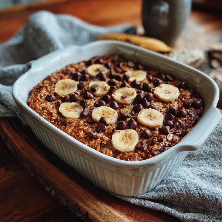 Warm oatmeal bake with chocolate chips and banana served in a casserole dish.