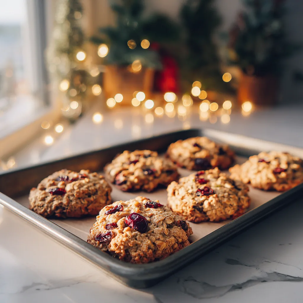 Oatmeal cranberry cookies on parchment paper with red cranberries around. n Oatmeal cranberry cookies on parchment paper with red cranberries around.