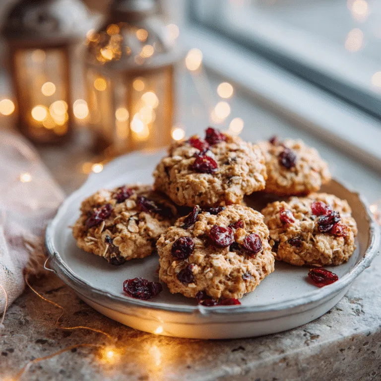 Oatmeal cranberry cookies on parchment paper with red cranberries around.